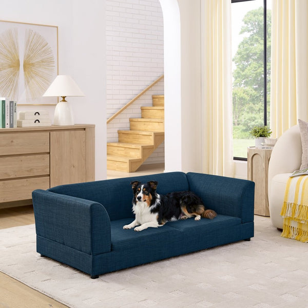 English Elm Comfortable Linen Upholstered Pet Sofa with Backrest and Armrests for Large Dogs Dark Blue W487P430319