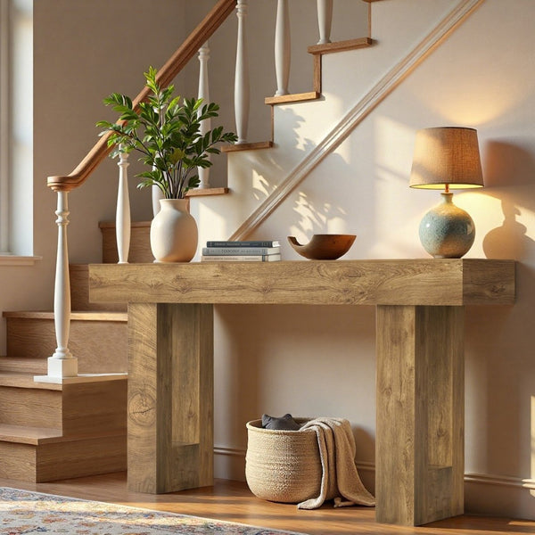 English Elm 63'' Farmhouse Console Table Rustic Wood Grain Sofa for Entryway or Hallway W3204P401255