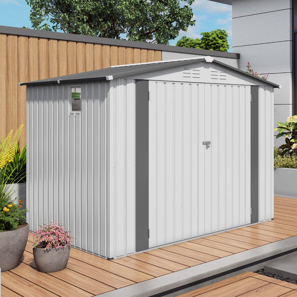 English Elm 8x6 Ft Galvanized Steel Outdoor Storage Shed with Pitched Roof Window and Lockable Door W3213P309388
