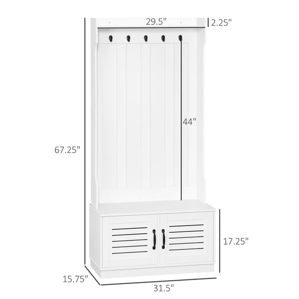 English Elm HOMCOM Modern Entryway Hall Tree with Shoe Bench, 5 Hooks, Slatted Cabinet & Shelf — White W2225P229395