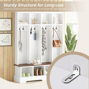 English Elm Farmhouse Hall Tree with Triple Arch Back Panel Eight Hooks Drawers and Entryway Bench White N721S000075K
