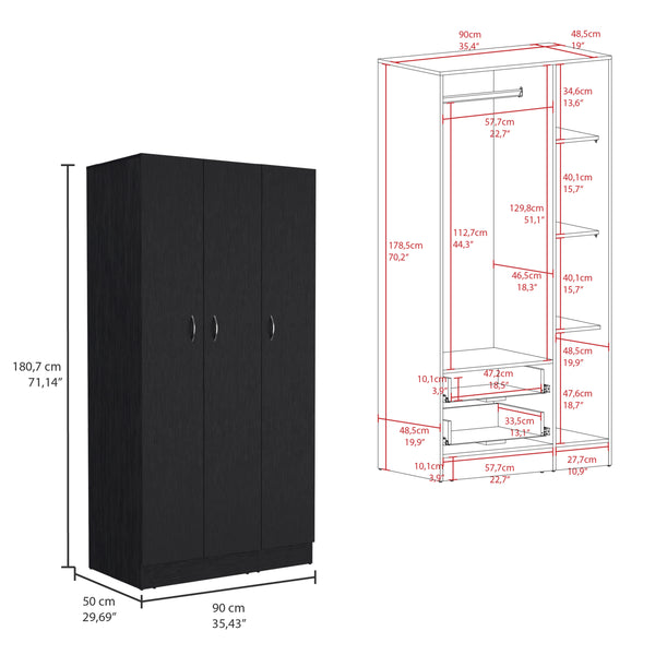 English Elm Ohio Armoire Spacious 3-Door Wardrobe with 2 Drawers, 4-Tier Shelves, Hanging Rods & Metal Handles Black 74 L x 23 W x 2 H B200S00290