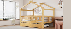 English Elm Full Size Pine House Bed with Roofline Frame and Roll Out Twin Trundle for Kids Natural LP100306AAN