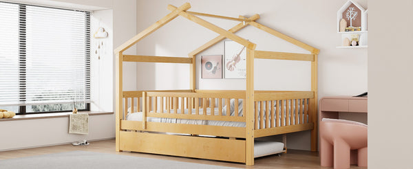 English Elm Full Size Pine House Bed with Roofline Frame and Roll Out Twin Trundle for Kids Natural LP100306AAN