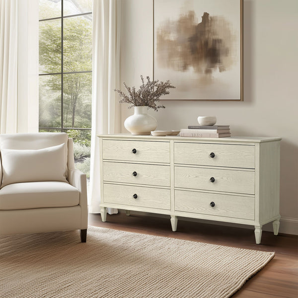 JLA Home Madison Park Signature - 6-drawer wood dresser with classic molding, turned legs, metal knobs, smooth glides, anti-tip safety Antique Cream MPS137-0317