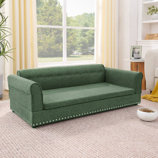 English Elm Oversized Linen Pet Sofa with Backrest Armrests Rubberwood Frame for Large Dogs W487P430326