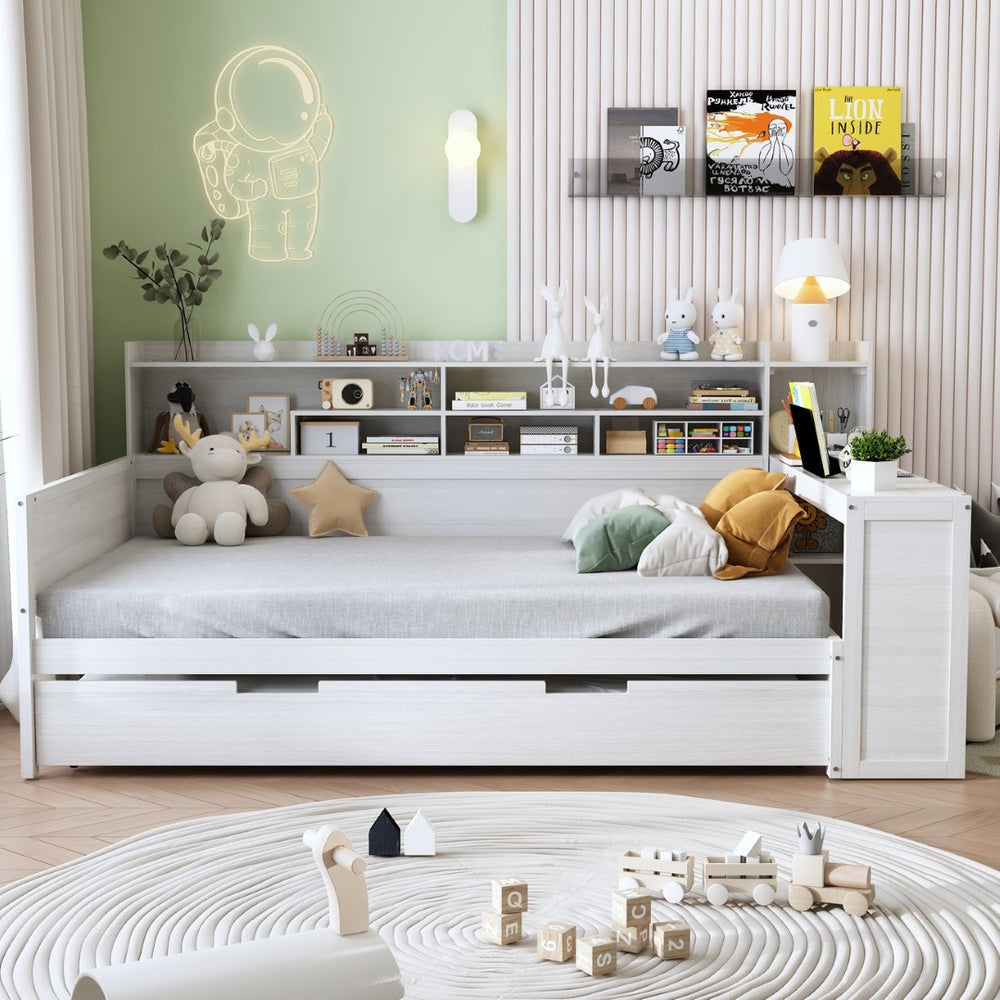 English Elm Wooden Twin Daybed with Trundle Built-in Desk and Open Shelves for Kids Rooms Antique White N733S373391K