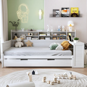 English Elm Wooden Twin Daybed with Trundle Built-in Desk and Open Shelves for Kids Rooms Antique White N733S373391K