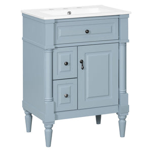English Elm 24 Inch Freestanding Vanity with Ceramic Sink Rubberwood Frame Matte Finish Storage Blue+Grey N725P356058E