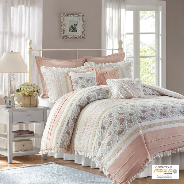 JLA Home Madison Park - 9 Cotton Percale Comforter Set Madison Park Dawn — 9pc paisley cottage chic, OEKO-TEX breathable, lace & pintuck accents MP10-6868