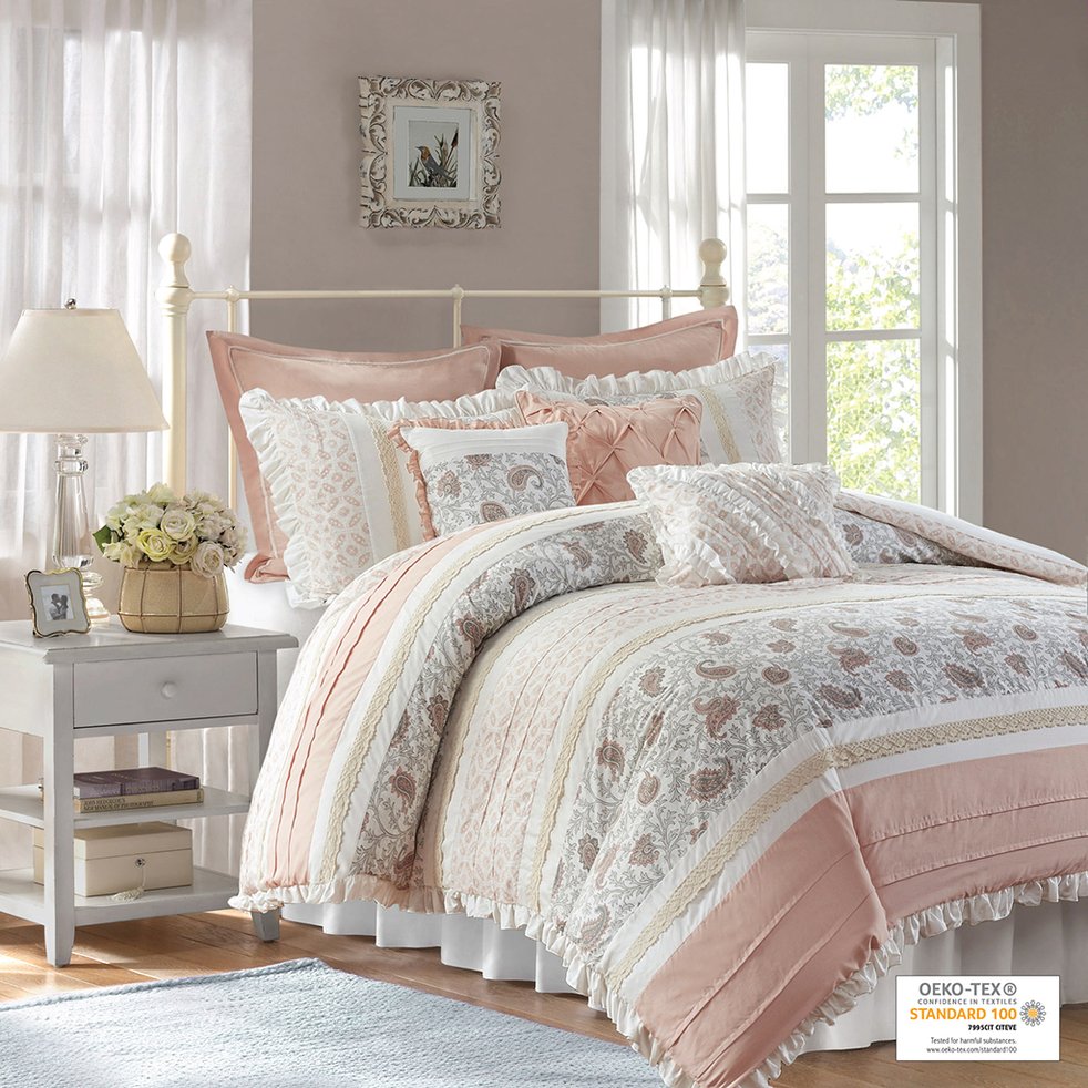 JLA Home Madison Park - 9 Paisley Cotton Percale Comforter Set with Lace Taping, Pintuck Accents & OEKO-TEX Certified Quality 90 L x 90 W x 1.5H MP10-6866