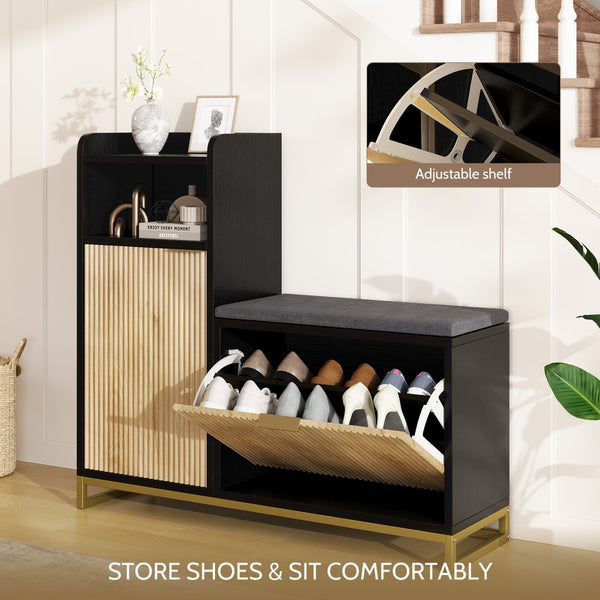 English Elm Vividwood Corner Entryway Bench with Shoe Storage Shelves and Washable Cushion Seat T5618P505966