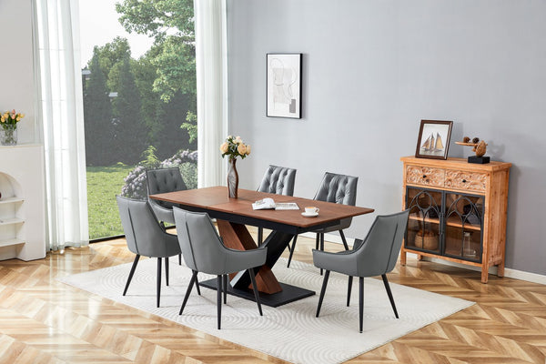 English Elm Modern Extendable Dining Table with Walnut MDF Veneer Top, Dual V-Shaped Metal Base, Sleek Durable Design Dark Walnut W3493S00007