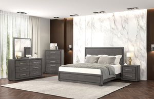 English Elm Unique Contemporary Chest with Cultured Stone Top, Reeded Panels, Silver Accents, Dovetail Drawers and Chrome Legs Warm Grey 42 L x 22 W x 56 H B2741P370873
