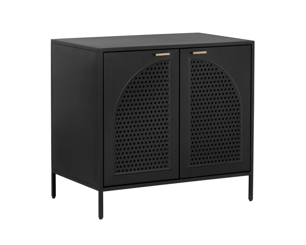 Sunpan Aziza Nightstand: Timeless Black Metal Frame with Brass Handles & Unique Arched Shelving Design