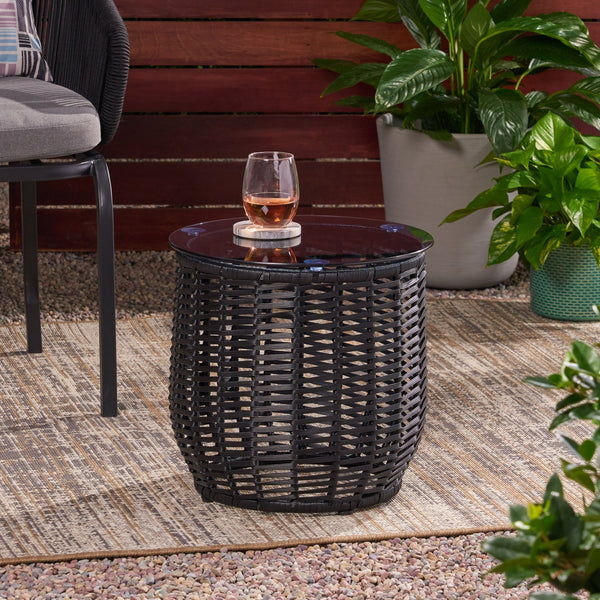 English Elm Christopher Knight Home® - ARIAS RATTAN SIDE TABLE with Tempered Glass Top, Boho Drum Design, Durable Woven Polyethylene Finish Black 65764.00BLK