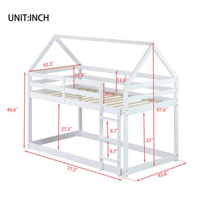 English Elm Twin Rubber Wood Floor Bunk Bed House-Shaped Design with Ladder Guardrails Sturdy Low-Profile Retreat White W504P206864