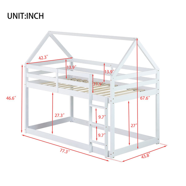 English Elm Twin Rubber Wood Floor Bunk Bed House-Shaped Design with Ladder Guardrails Sturdy Low-Profile Retreat White W504P206864