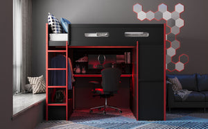English Elm Full Size Gaming Loft Bed with Rgb Lighting Desk Wardrobe and Built-in Storage Red LT100261AAR