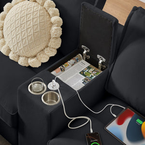 English Elm 120" Modular Corduroy Sectional Sofa Bed with Storage, U-Shaped 4-Seater, Cup Holders & Console Black W1359S00013