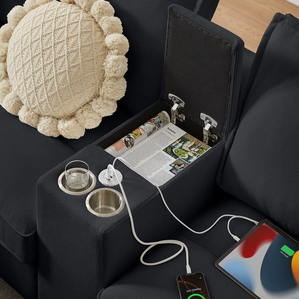 English Elm 120" Modular Corduroy Sectional Sofa Bed with Storage, U-Shaped 4-Seater, Cup Holders & Console Black W1359S00013