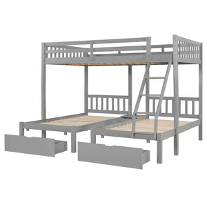 English Elm Full Over Twin Triple Bunk Bed Pine Wood Frame with Storage Drawers and Guardrails LT000343AAE-1