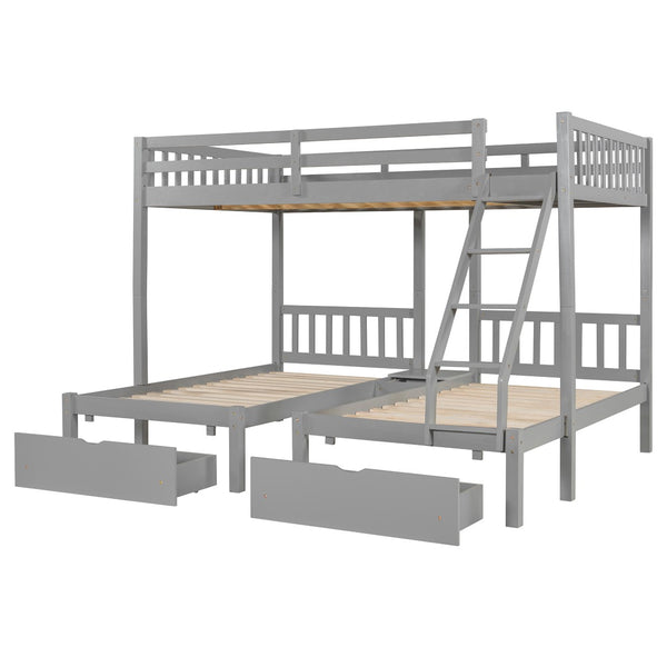 English Elm Full Over Twin Triple Bunk Bed Pine Wood Frame with Storage Drawers and Guardrails LT000343AAE-1