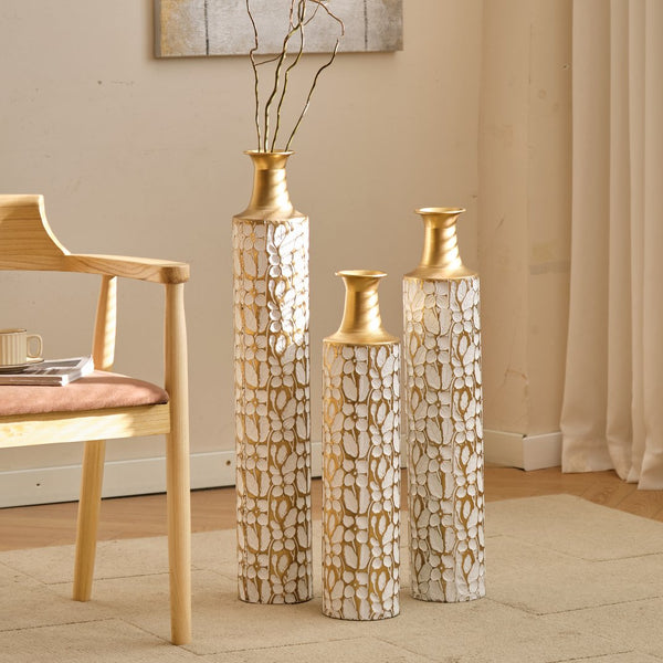 English Elm Floor Antique White Gold Metal Vases Set of 3 (32/28/24") — Tall Decorative Centerpieces for Entryway W2796P193594