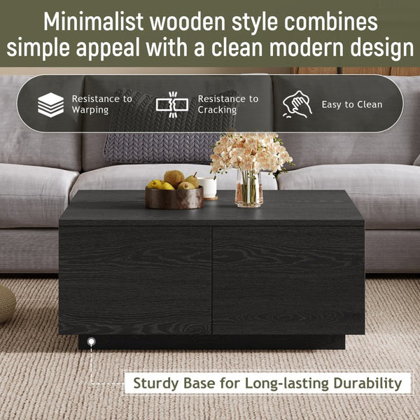 English Elm 33.25" Square Storage Coffee Table Four Drawer Matte Mdf Living Room Centerpiece Black N735P422508B
