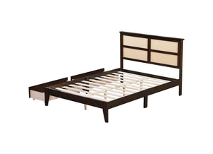 English Elm Full Full Size Bed with Rattan Headboard and Two Underbed Storage Drawers, Rubberwood Slat Support Espresso W504P269605