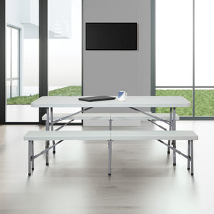 OSP Home Furnishings 3 Piece Folding Table Bench Set Resin Top Steel Frame Portable Outdoor Picnic QT3965