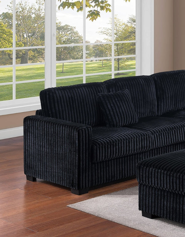 English Elm Black Jumbo Corduroy L-shaped Sectional Set with Ottoman for Modern Living Rooms B011S02202