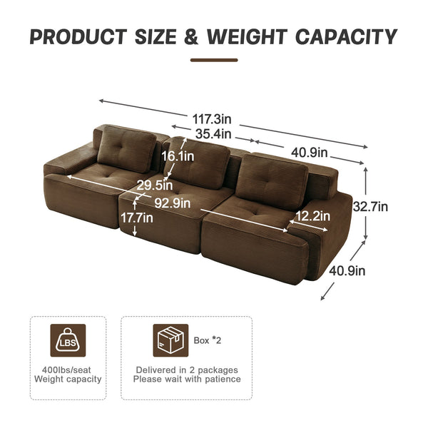 English Elm 117" Modern Modular Sectional Sofa - Plush Corduroy 3-Seater Couch, No Assembly, Stylish & Comfortable W714S01503
