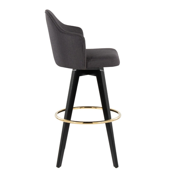 English Elm Fixed-height Swivel Barstools Charcoal Upholstered Seats Gold Footrest Set of Two B202S01863