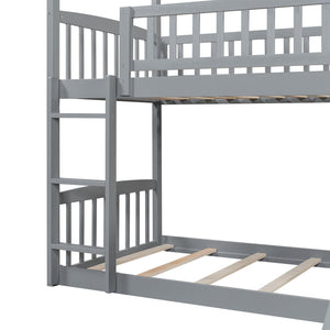English Elm Twin Over Solid Wood House Bunk Bed with Built-in Slide and Gray Finish LT100213AAE-1
