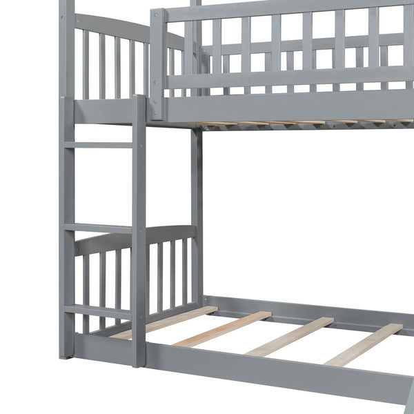 English Elm Twin Over Solid Wood House Bunk Bed with Built-in Slide and Gray Finish LT100213AAE-1
