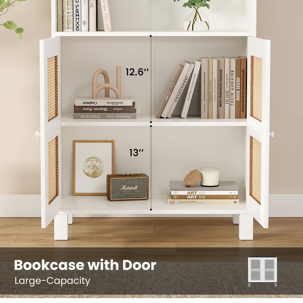 English Elm Tall Rattan Door Bookcase with 5 Shelves — Stylish Tall Storage Shelf for Living Room Office LibraryBedroom White T3623P379893
