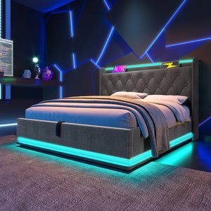English Elm King Upholstered Bed with Surround LED, App/Remote Control, Hydraulic Storage, USB Type-C Charging Gray N736P188808G