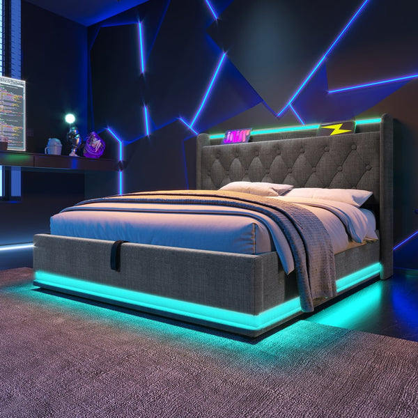 English Elm King Upholstered Bed with Surround LED, App/Remote Control, Hydraulic Storage, USB Type-C Charging Gray N736P188808G