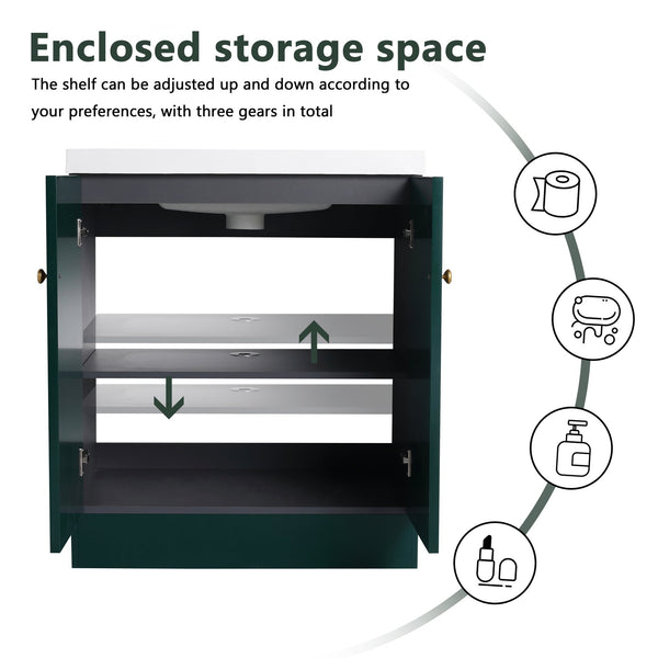 English Elm 30" Modern Freestanding Bathroom Vanity with Resin Sink, Soft-Close Doors, Adjustable Shelf, Durable Plywood Finish Dark Green W999S00272