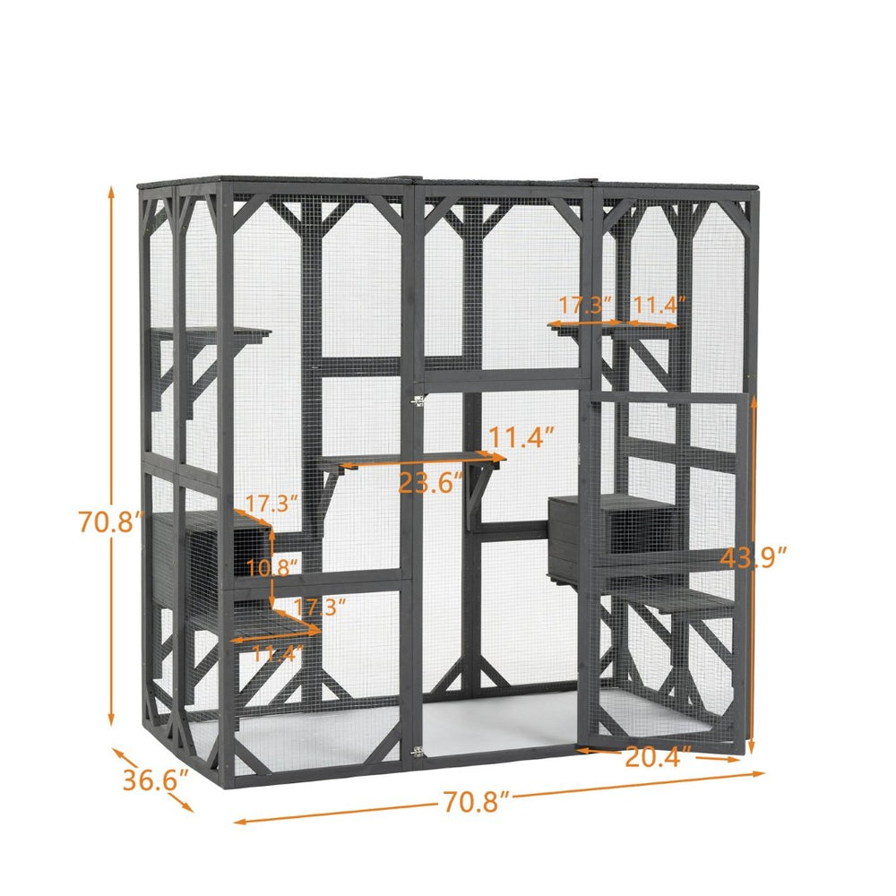 English Elm Outdoor Wooden Catio Enclosure with Platforms Condos and Weatherproof Fir Frame for Cats W1422P345496