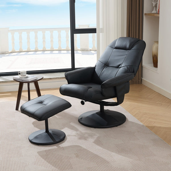 English Elm 011-Massage Recliner Chair with Ottoman, 360° Swivel PU Leather, 5-Point Vibration Massage, Heated Seat, 140° Backrest Comfort Black W2636P262429