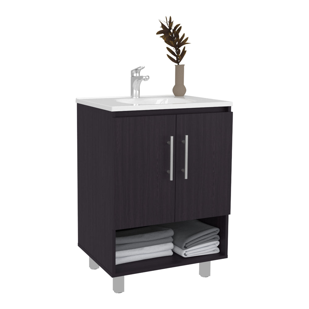 English Elm Texas Wenge Freestanding Bathroom Vanity Cabinet with Double Doors, Open Shelf, Elevated Base for Sink Installation and Organized Storage B128P375288
