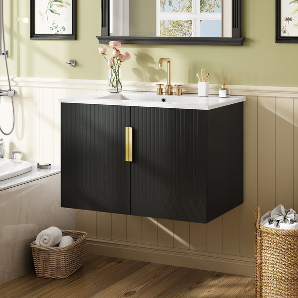 English Elm 30" Vintage Bathroom Vanity with Ceramic Sink — Wall-Mount MDF & Solid Wood Cabinet, Storage, Sleek Finish Black N710P214100B