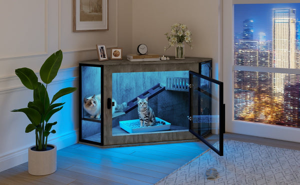 English Elm 48" Corner Mdf Cat Litter Enclosure Cabinet with Led Acrylic Door and Play Loft Grey N704P402446E