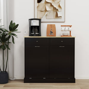 English Elm Two Compartment Tilt Out Trash Cabinet with Drawers Matte Black Kitchen Storage W1120127329