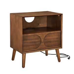 English Elm Mid Century Modern fluted nightstand with USB ports, dual outlets, drawer & open shelf, walnut finish W1801P288512