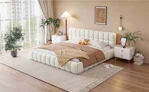 English Elm King Channel Stitched Linen Platform Bed Low Profile Contemporary Upholstered Frame Beige N737P387605A