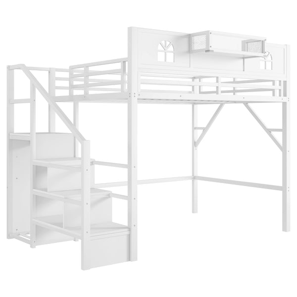 English Elm Full Size Loft Bed With Integrated Wardrobe, Stairs, House-Shaped Guardrails & Space-Saving Design W2593S00037