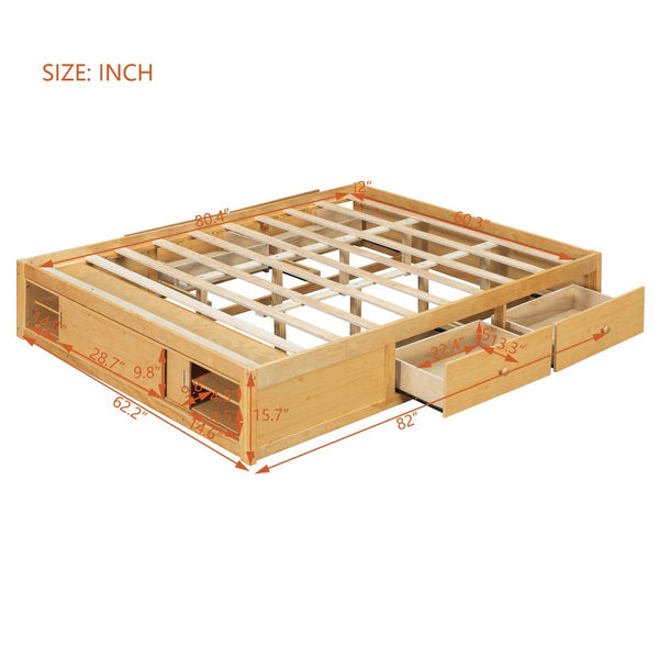 English Elm Queen Platform Bed with Four Storage Drawers Footboard Cubby Modern Low Profile Frame Natural LP000138AAN